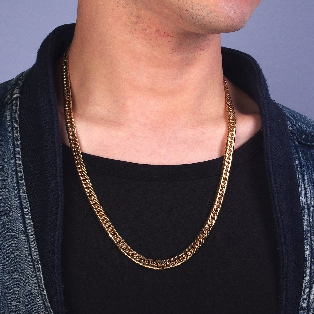 24.5 Inch Gold Cuban Curb Chain, Stainless Steel Heavy Flat Miami Cuban Curb for Men Necklace 8mm, 10mm, 12mm | WA-1717 to WA-1719 Clearance Pricing - DLUXCA