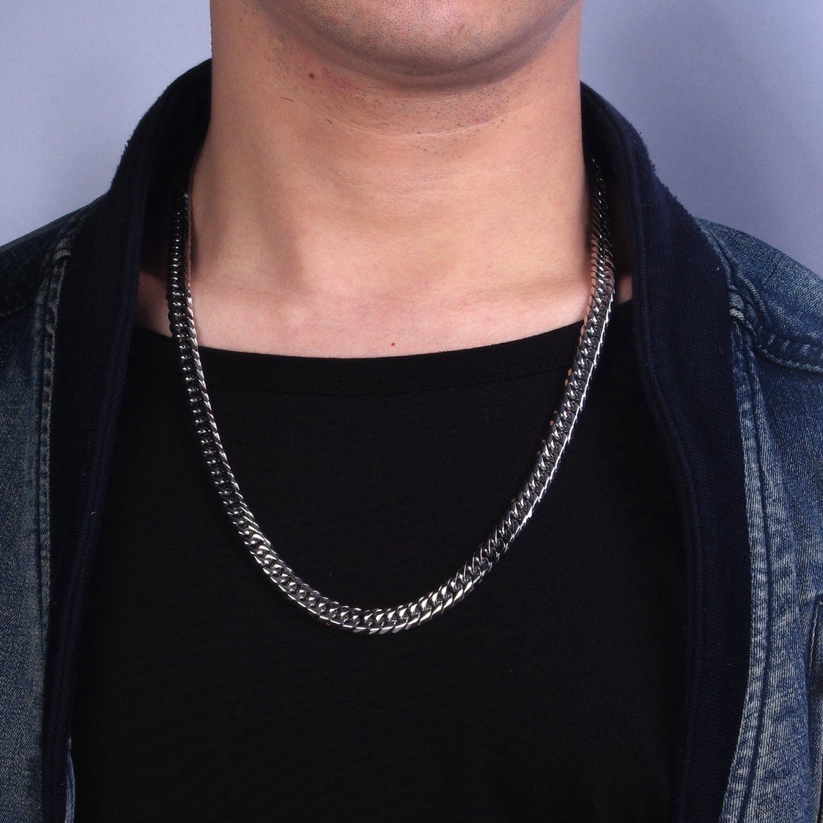 24.5 Inch Silver Cuban Curb Chain, Stainless Steel Heavy Flat Miami Cuban Curb for Men Necklace 8mm, 10mm, 12mm | WA-1723 WA-1724 WA-1725 Clearance Pricing - DLUXCA