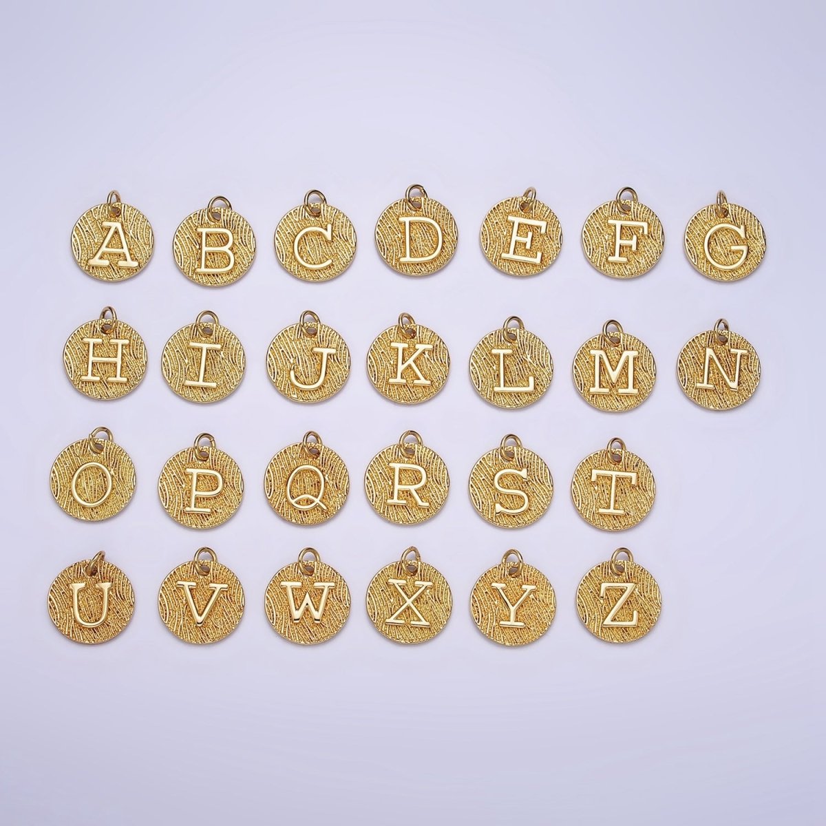 24K Gold Alphabet Charms, English Letter Pendants 15mm Initial Coin Pendants | A1144 - A1169 - DLUXCA