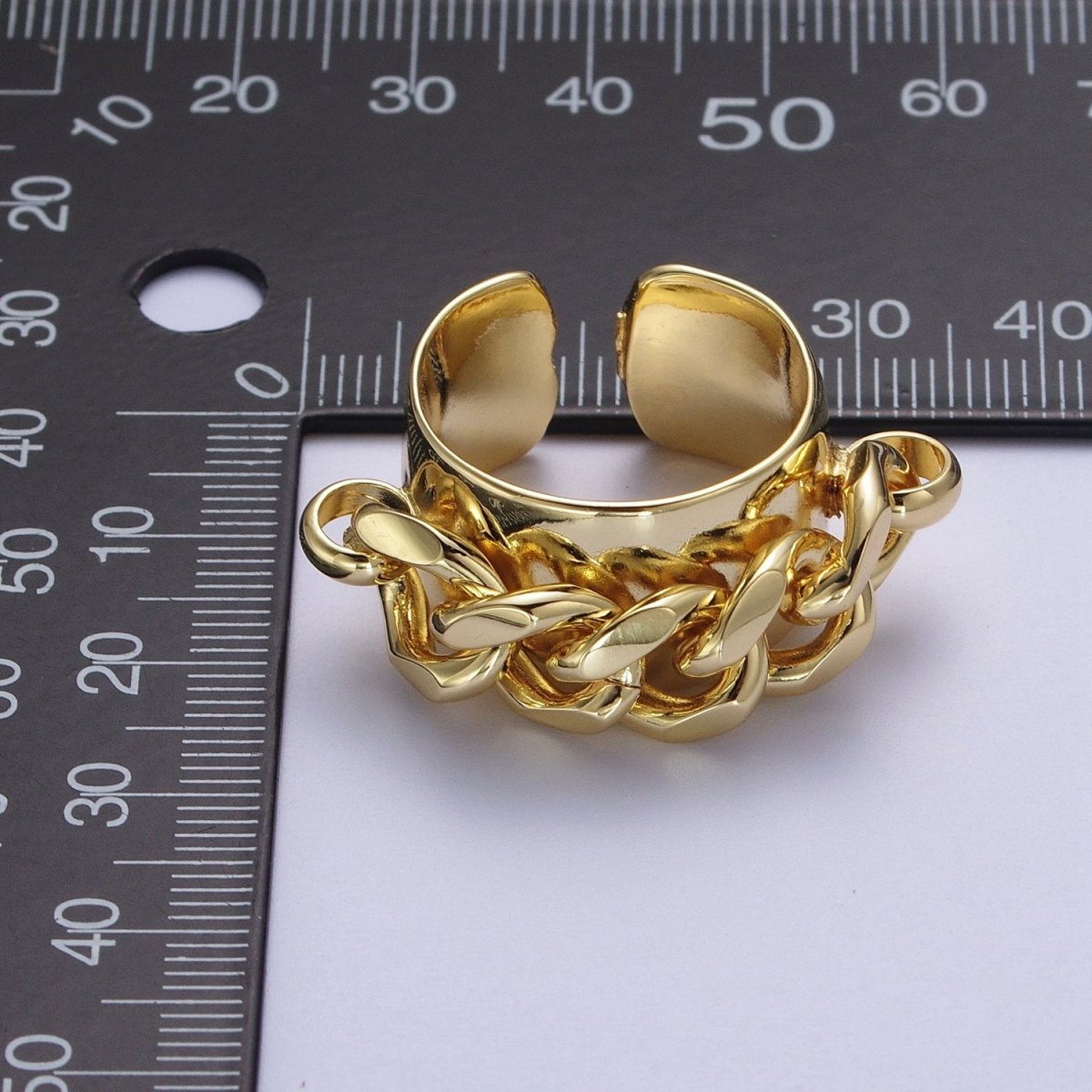 24K Gold Curb Chain Link Open Adjustable Wide Band Ring | O-1998 - DLUXCA