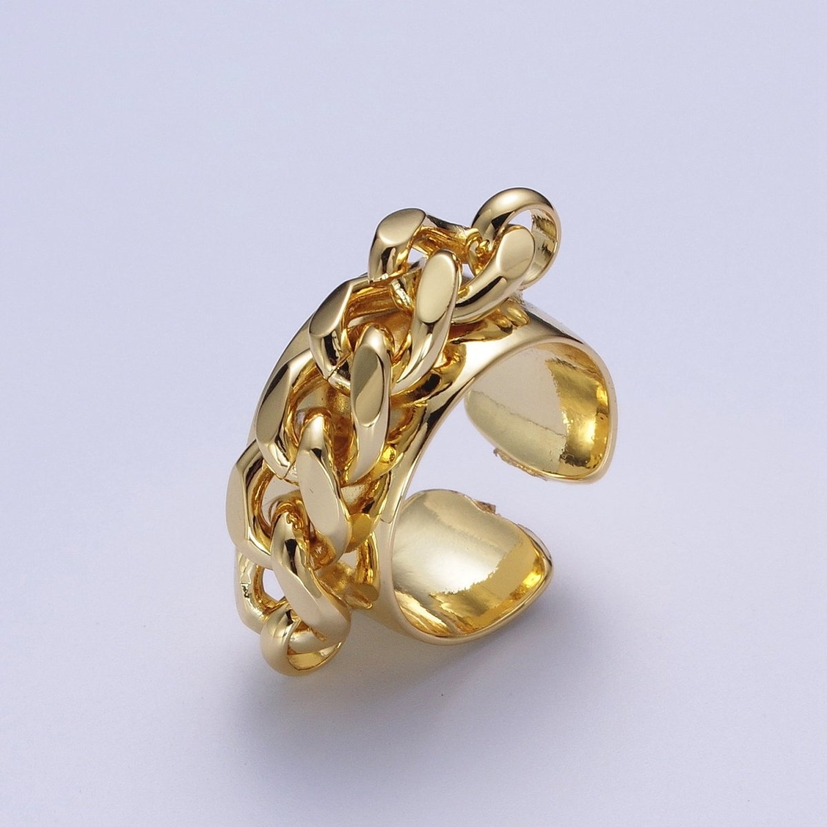 24K Gold Curb Chain Link Open Adjustable Wide Band Ring | O-1998 - DLUXCA