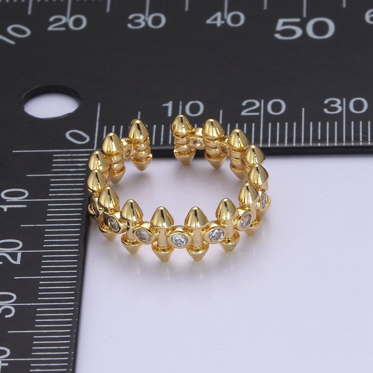 24K Gold Diamond Cubic Zirconia Spikes Multi-Row Ring in Gold & Silver, Adjustable Stud Ring S-352 S-353 - DLUXCA