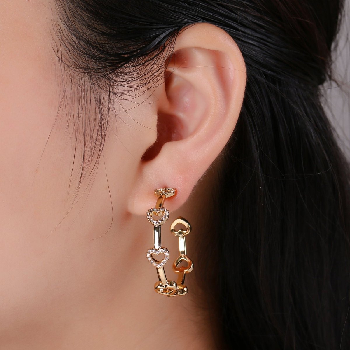 24k Gold Earrings, Hoop Earrings, Heart Hoop, CZ Circle Earring, Gift for Her, Earrings for Women, Everyday Wear Earring Q-535 - DLUXCA