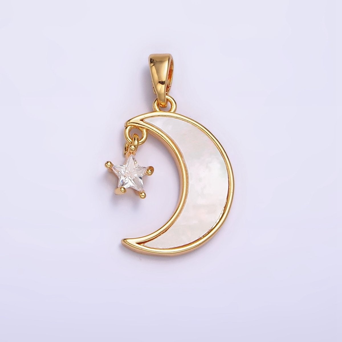 24K Gold Filed Celestial Crescent Moon Shell Pearl Star CZ Pendant | AA587 - DLUXCA