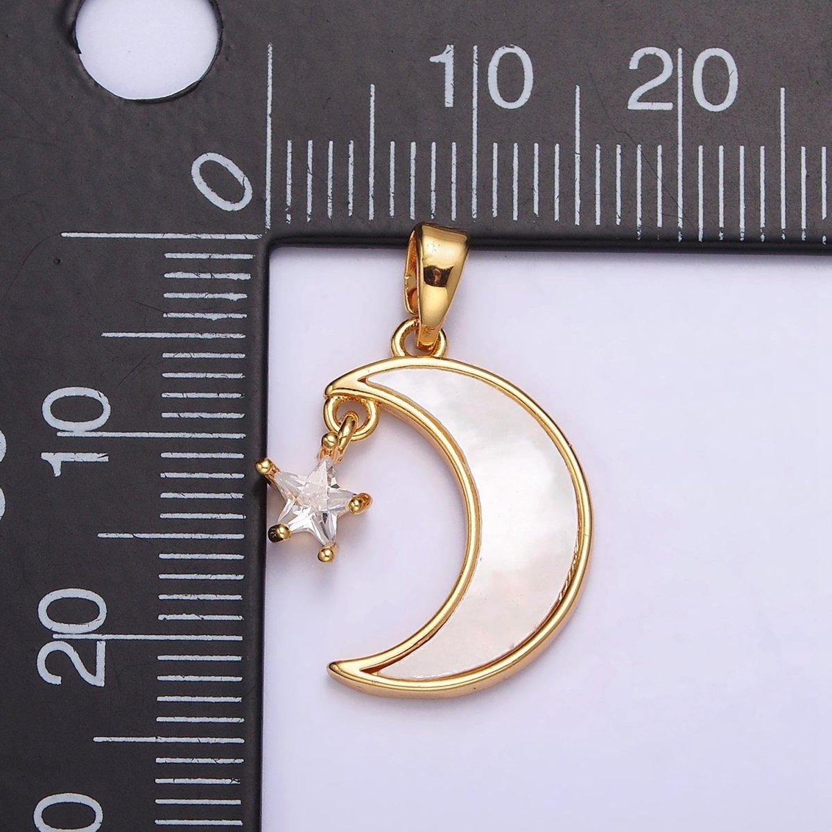 24K Gold Filed Celestial Crescent Moon Shell Pearl Star CZ Pendant | AA587 - DLUXCA