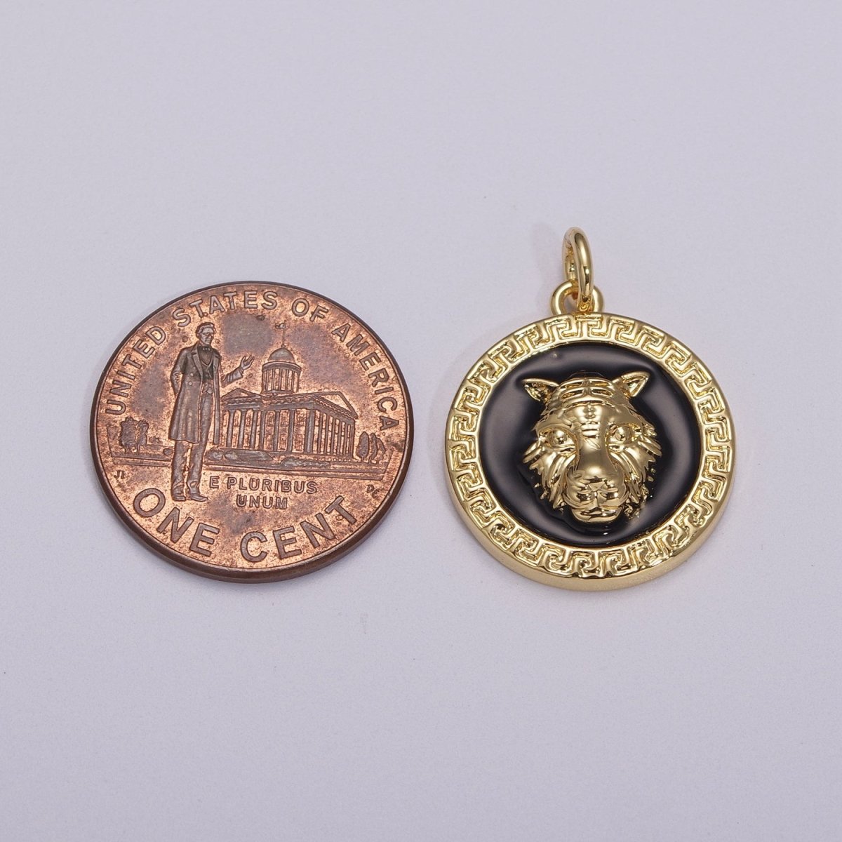 24k Gold Filed CZ Micro Pave Embossment Wolf Head On Round Coin Pendant Medallion Charm Cubic Zirconia M-904 M-905 - DLUXCA