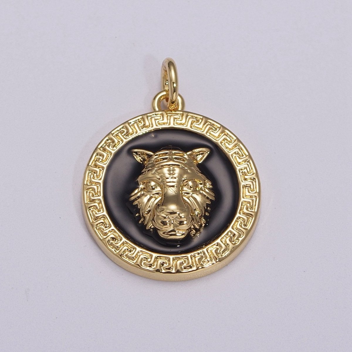 24k Gold Filed CZ Micro Pave Embossment Wolf Head On Round Coin Pendant Medallion Charm Cubic Zirconia M-904 M-905 - DLUXCA