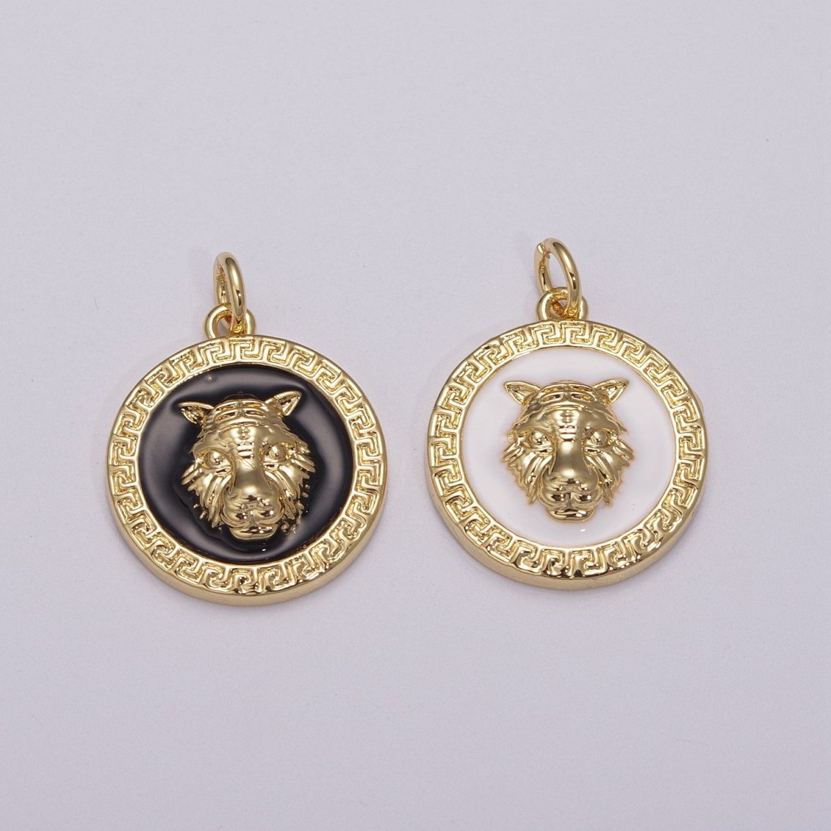 24k Gold Filed CZ Micro Pave Embossment Wolf Head On Round Coin Pendant Medallion Charm Cubic Zirconia M-904 M-905 - DLUXCA