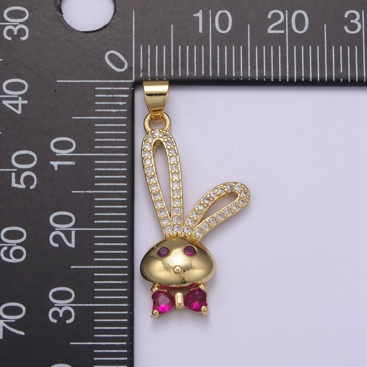 24k Gold Filed CZ Pink Micro Pave Cute Rabbit Pink Bunny with Bowtie Charm Pendant Cubic Zirconia H-597 - DLUXCA