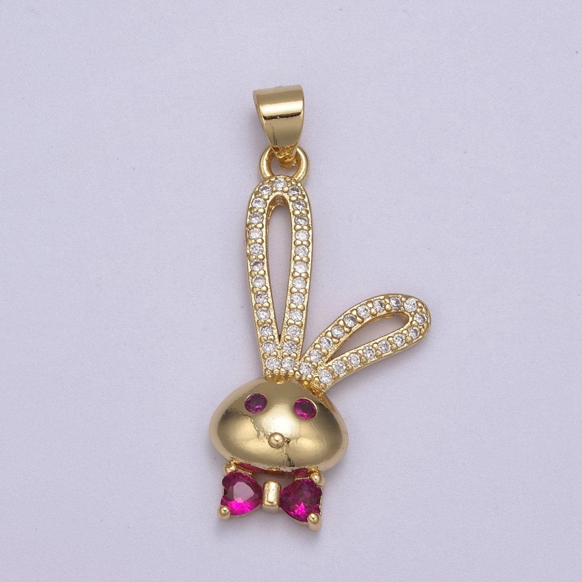 24k Gold Filed CZ Pink Micro Pave Cute Rabbit Pink Bunny with Bowtie Charm Pendant Cubic Zirconia H-597 - DLUXCA