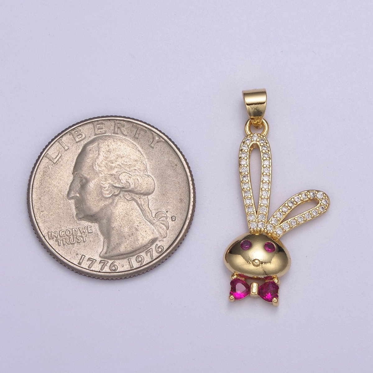 24k Gold Filed CZ Pink Micro Pave Cute Rabbit Pink Bunny with Bowtie Charm Pendant Cubic Zirconia H-597 - DLUXCA
