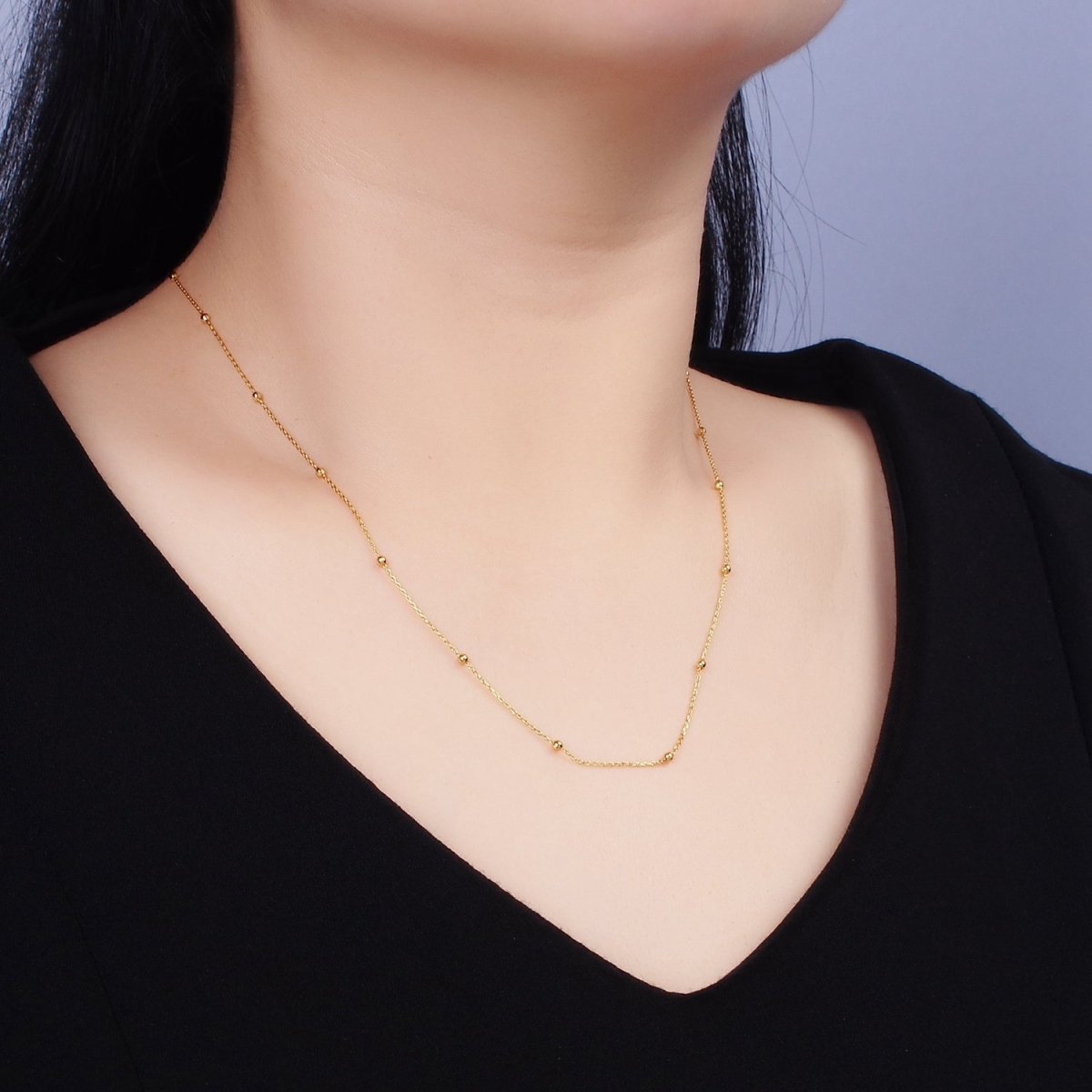 24K Gold Filled 0.5mm Dainty Satellite Beaded Cable Chain 17.75 Inch Layering Necklace | WA-1929 Clearance Pricing - DLUXCA