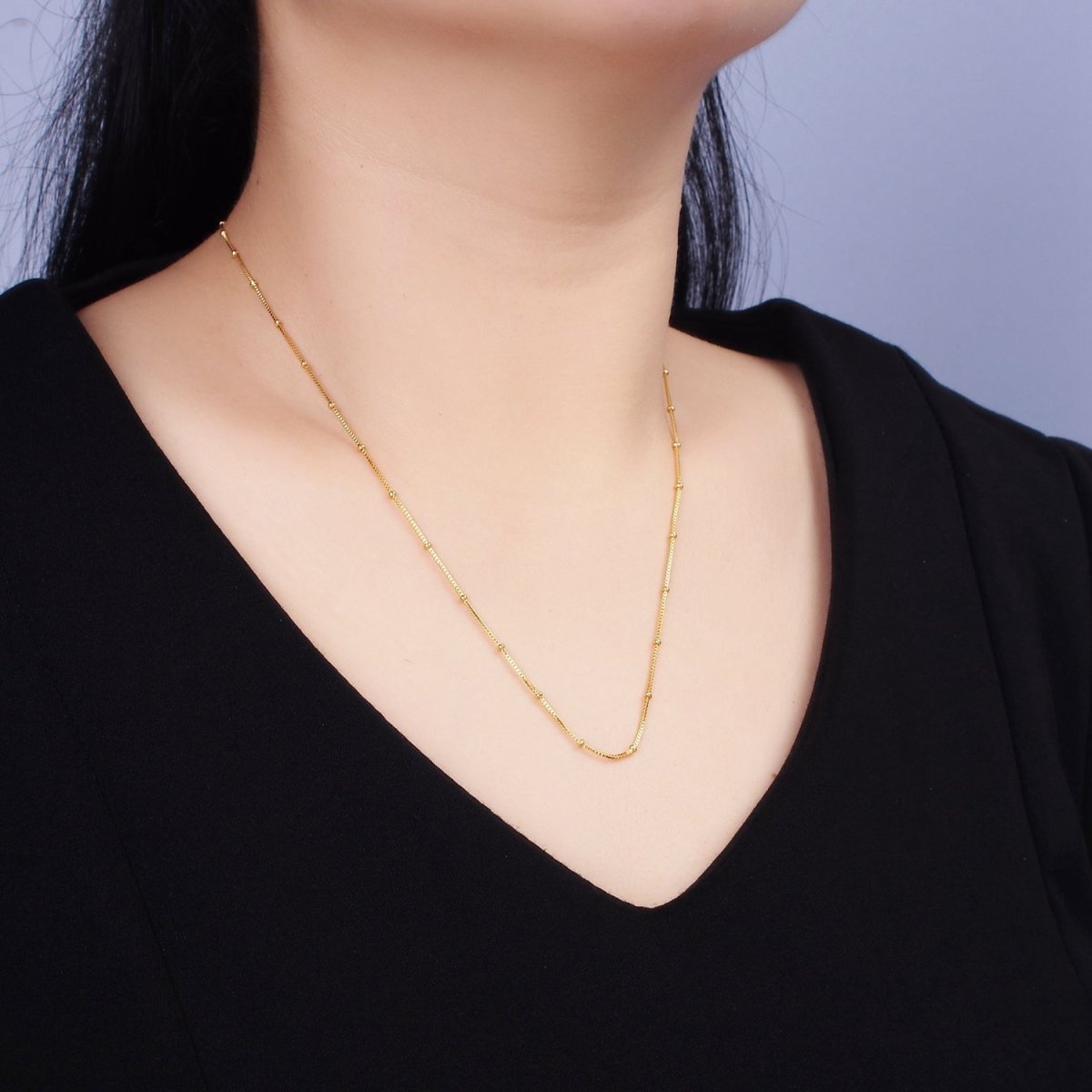 24K Gold Filled 0.8mm Dainty Satellite Beaded Box Chain 18 Inch Layering Necklace | WA-1926 - DLUXCA