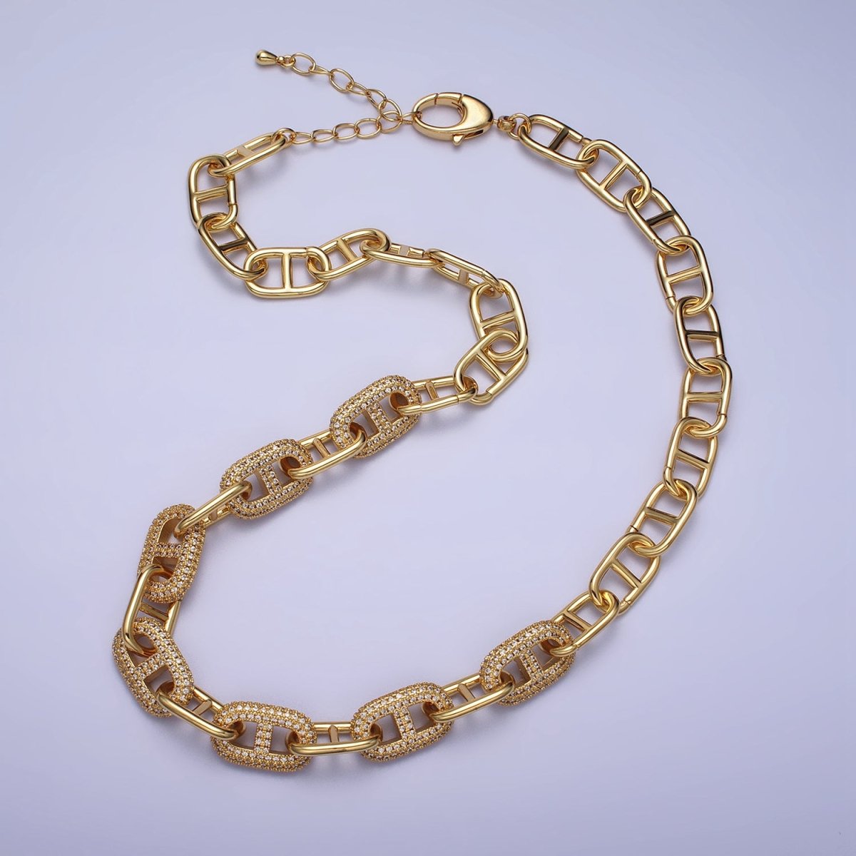 24K Gold Filled 10.7mm Half Micro Paved CZ Mariner 17 Inch Chain Necklace in Gold & Silver | WA-1613 WA-1614 Clearance Pricing - DLUXCA