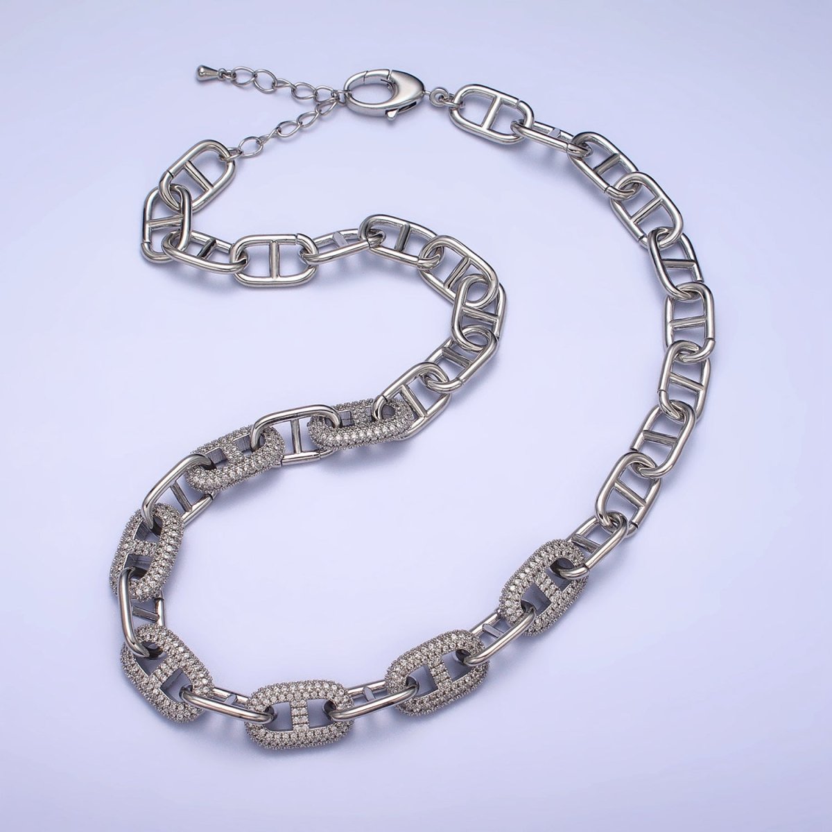 24K Gold Filled 10.7mm Half Micro Paved CZ Mariner 17 Inch Chain Necklace in Gold & Silver | WA-1613 WA-1614 Clearance Pricing - DLUXCA