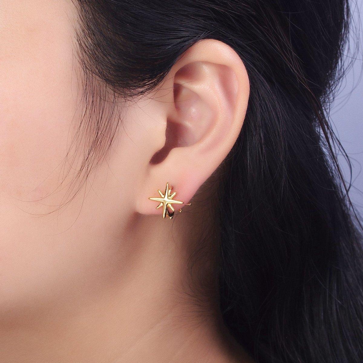 24K Gold Filled 12mm Celestial North Star Double Sided Minimalist Huggie Earrings | AB301 - DLUXCA