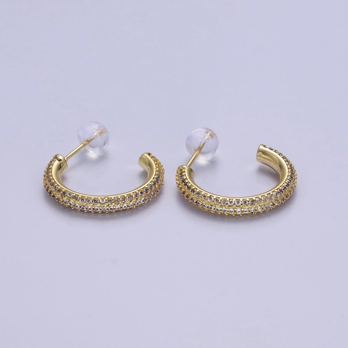 24K Gold Filled 20mm, 25mm, 35mm Clear CZ Micro Paved C Shaped Hoop Stud Earrings | V164 - V166 - DLUXCA