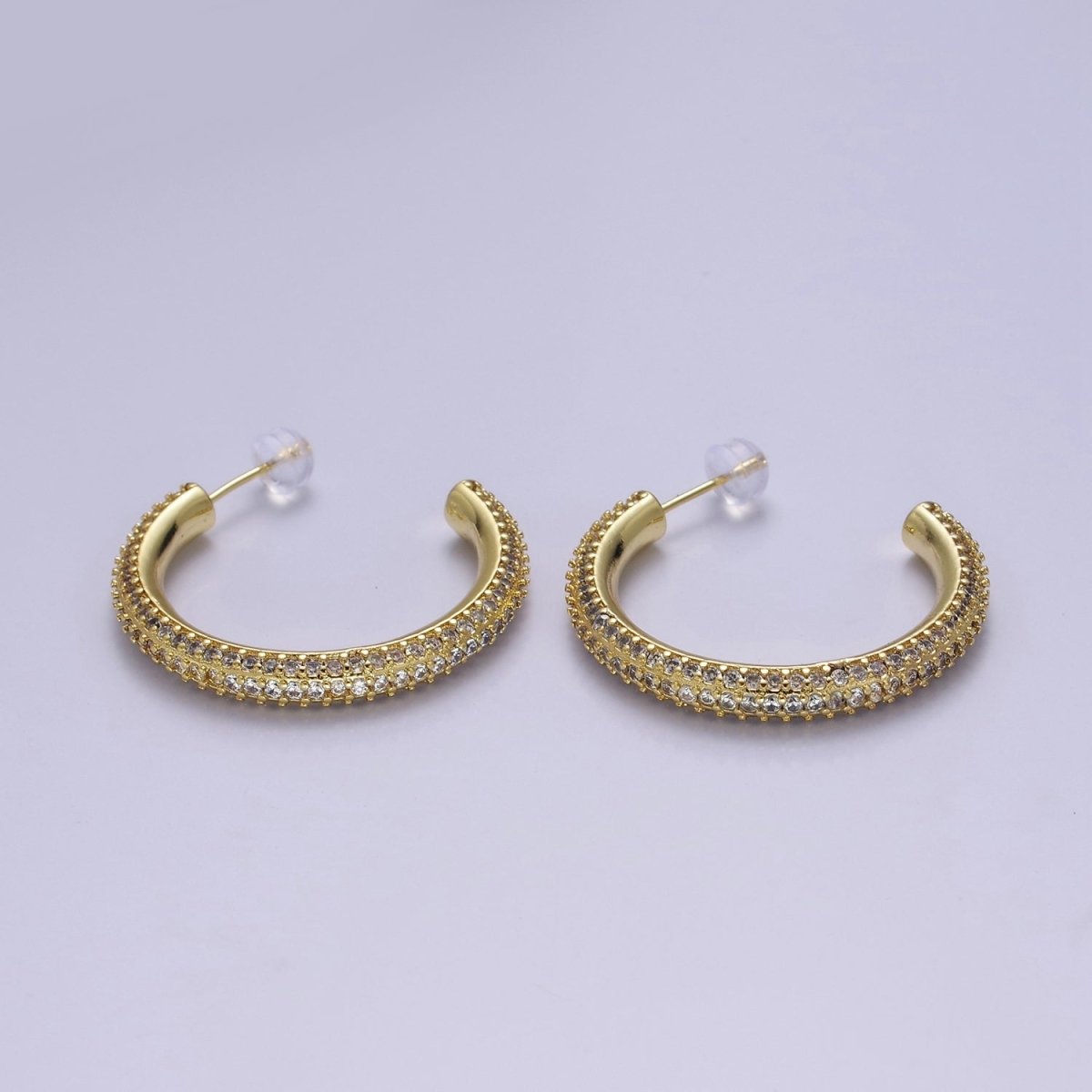 24K Gold Filled 20mm, 25mm, 35mm Clear CZ Micro Paved C Shaped Hoop Stud Earrings | V164 - V166 - DLUXCA
