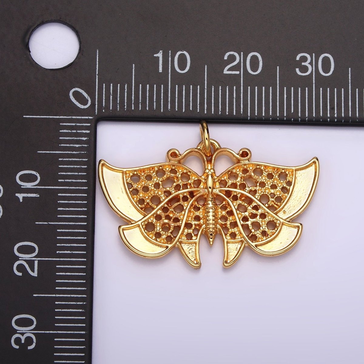 24K Gold Filled 20mm Antenna Butterfly Open Round Dotted Wings Insect Animal Charm | AC863 - DLUXCA