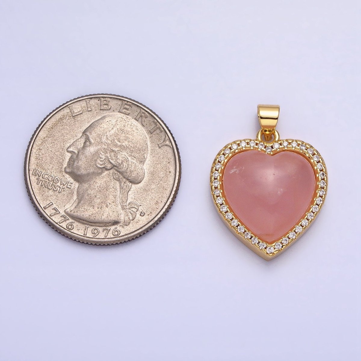 24K Gold Filled 23mm, 25mm, 31mm Heart Rose Quartz Natural Gemstone Micro Paved Pendant | AA279 AA276 AA278 - DLUXCA