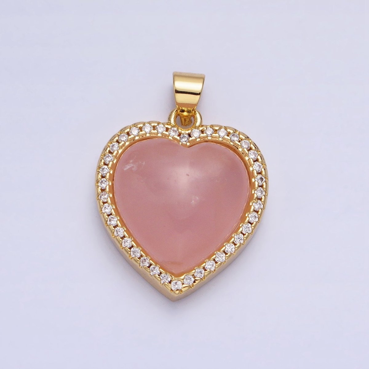 24K Gold Filled 23mm, 25mm, 31mm Heart Rose Quartz Natural Gemstone Micro Paved Pendant | AA279 AA276 AA278 - DLUXCA