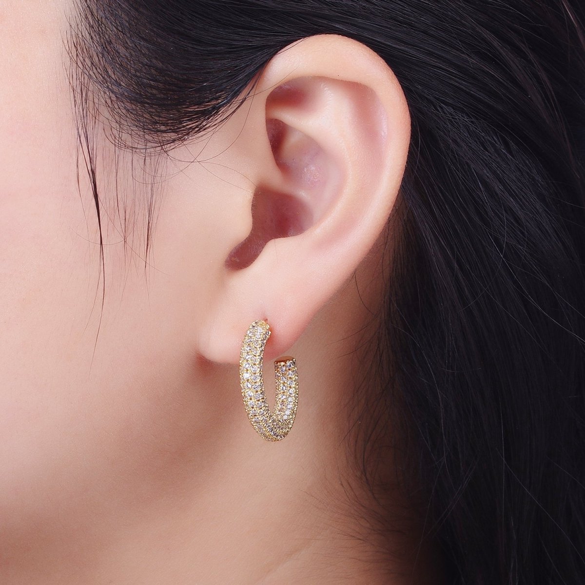 24K Gold Filled 23mm C-Shaped Clear Micro Paved CZ Hoop Stud Earrings | AB003 - DLUXCA