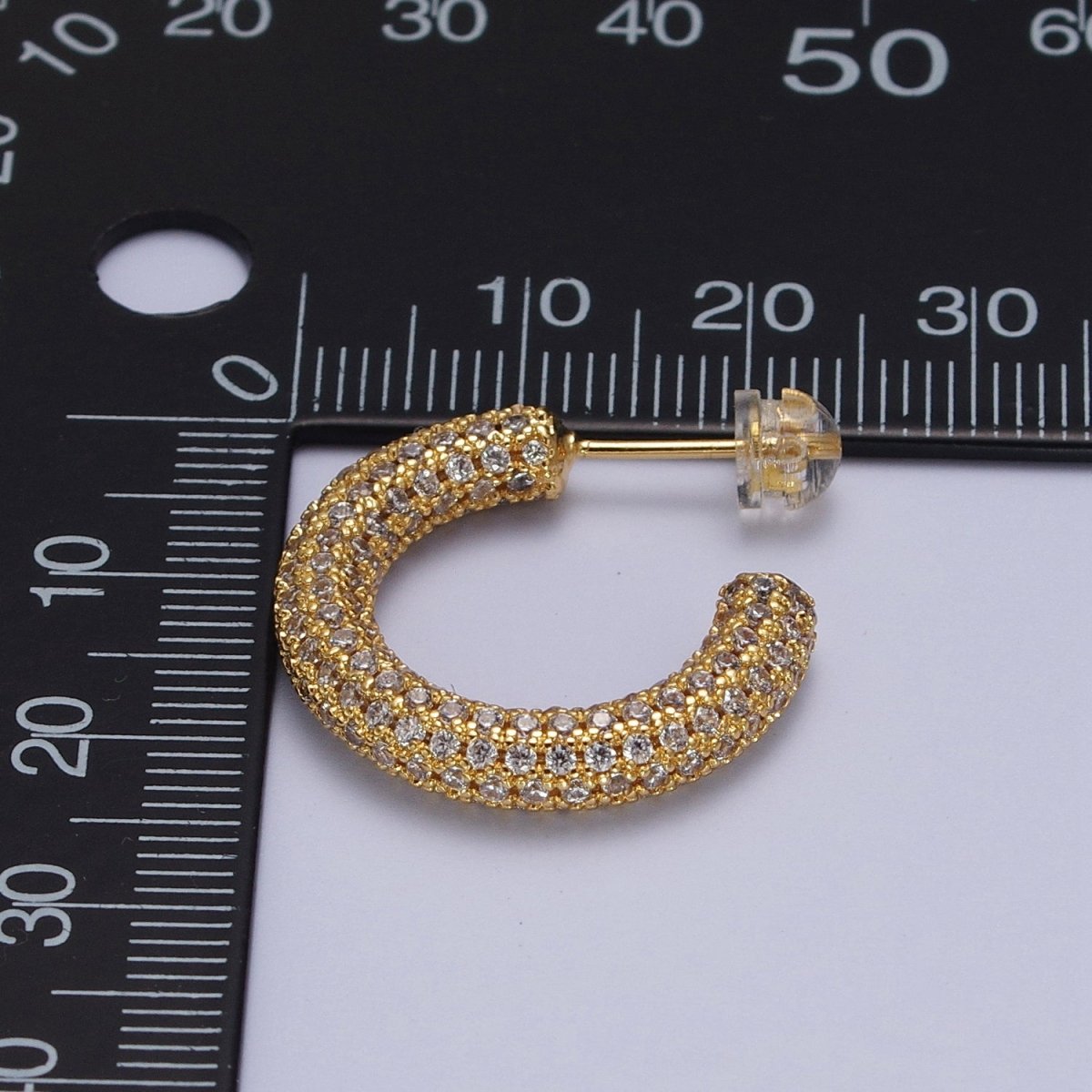 24K Gold Filled 23mm C-Shaped Clear Micro Paved CZ Hoop Stud Earrings | AB003 - DLUXCA