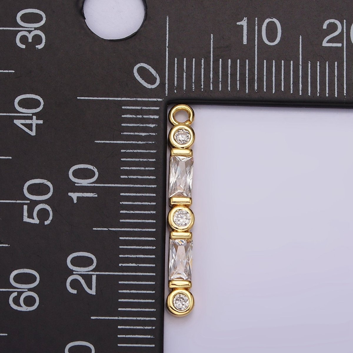 24K Gold Filled 24mm Clear CZ Baguette Round Bezel Linear Charm | AC883 - DLUXCA