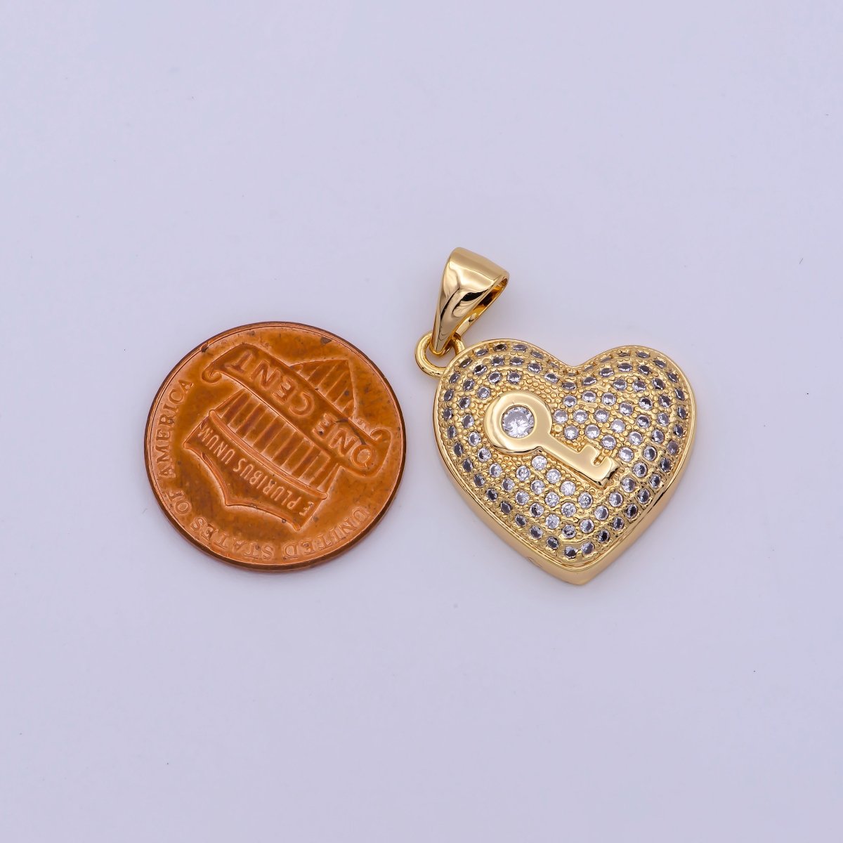 24K Gold Filled 25mm Key Micro Paved Clear CZ Heart Pendant | N-1429 - DLUXCA