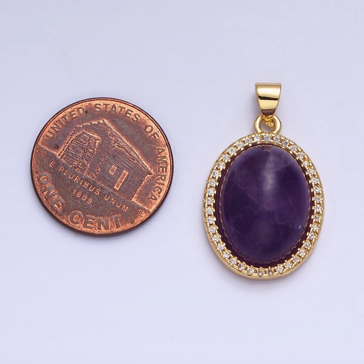 24K Gold Filled 27mm Purple Amethyst Natural Gemstone Oval Cabochon Micro Paved CZ Pendant | AA323 - DLUXCA