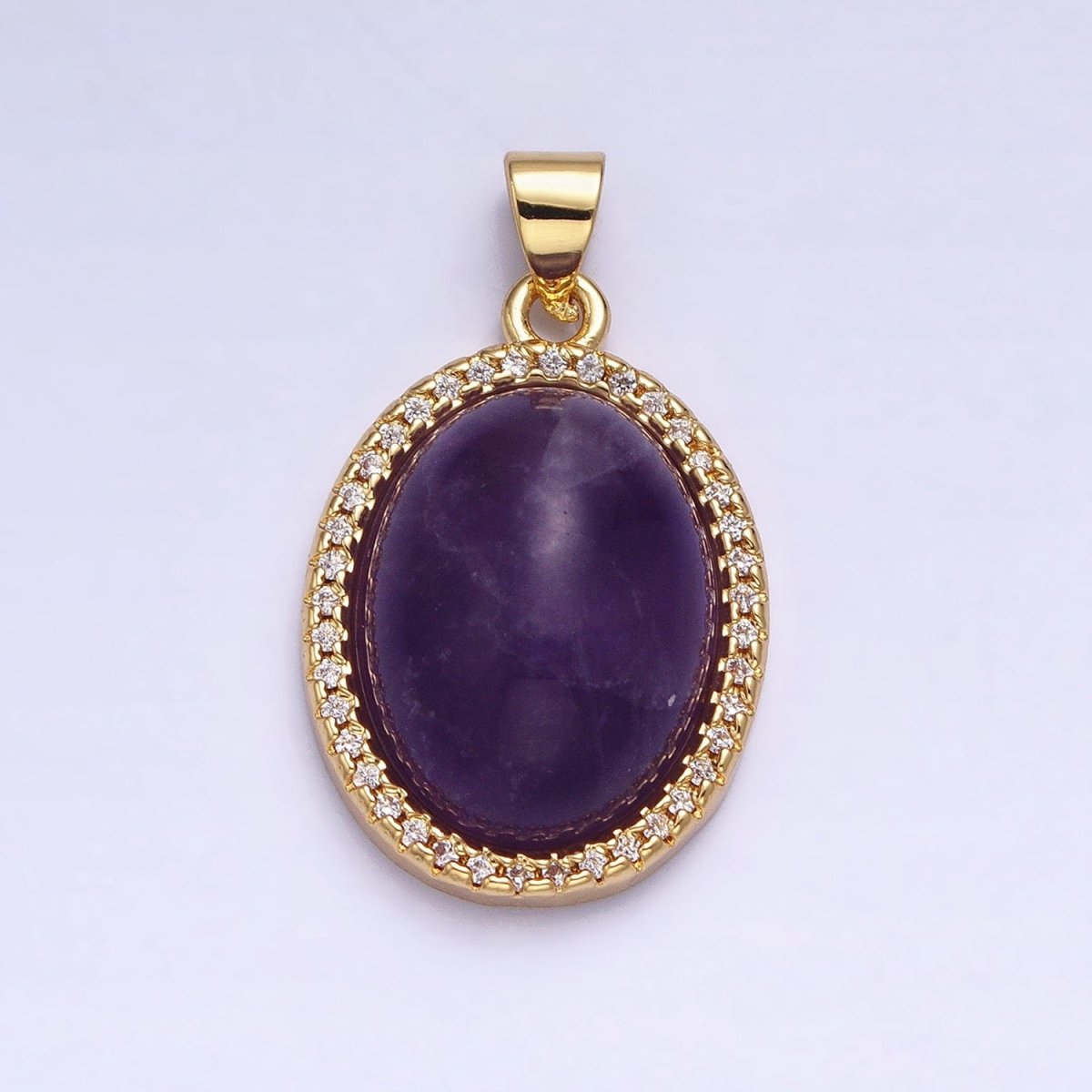 24K Gold Filled 29mm Purple Amethyst Natural Gemstone Cabochon Oval Micro Paved CZ Pendant | AA331 - DLUXCA