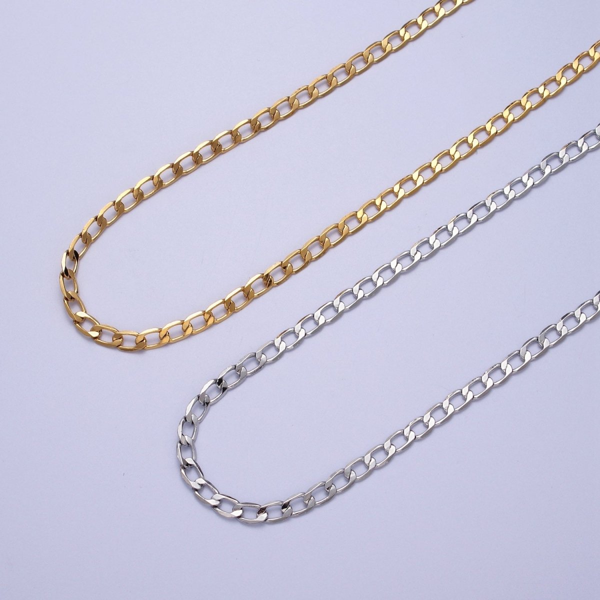 24K Gold Filled 2mm, 2.5mm, 3mm, 3.5mm, 4mm Flat Figaro Curb Chain in Gold & Silver | ROLL-911 ~ ROLL-920 Clearance Pricing - DLUXCA