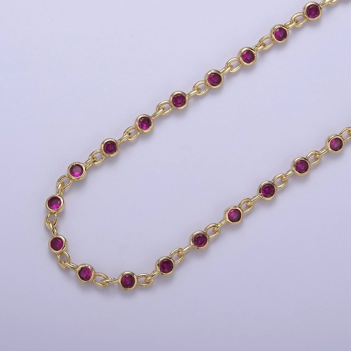 24K Gold Filled 2mm Fuchsia Round Cut Bezel Chain by Yard, Station Necklace CZ Diamond by Foot for Necklace Bracelet Jewelry Making | ROLL-775 Clearance Pricing - DLUXCA