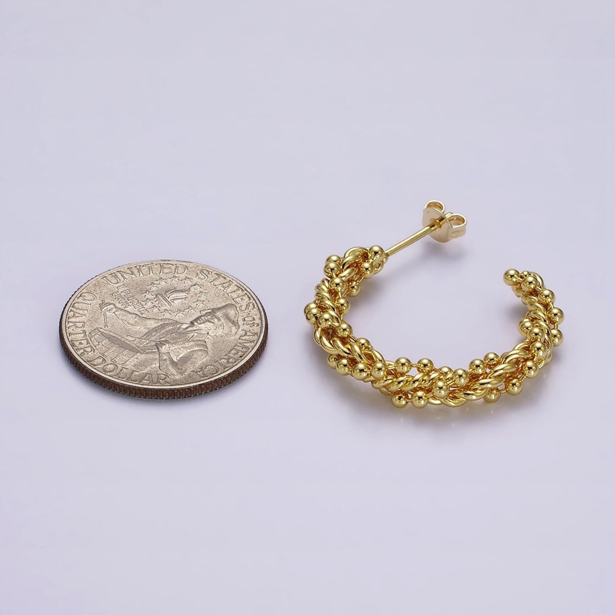 24K Gold Filled 30mm Beaded Bubble Croissant Twist C-Shaped Hoop Earrings | AE616 - DLUXCA