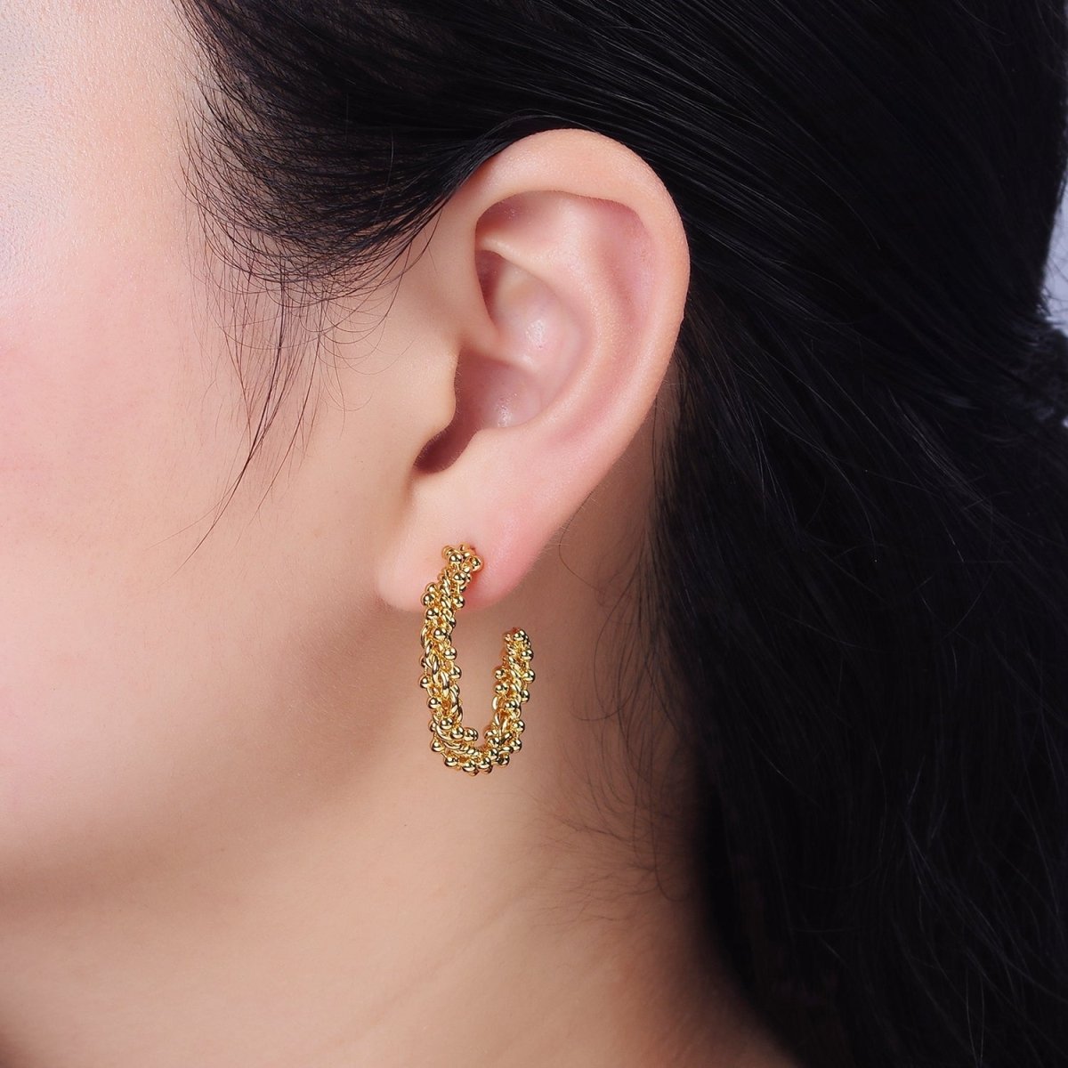 24K Gold Filled 30mm Beaded Bubble Croissant Twist C-Shaped Hoop Earrings | AE616 - DLUXCA