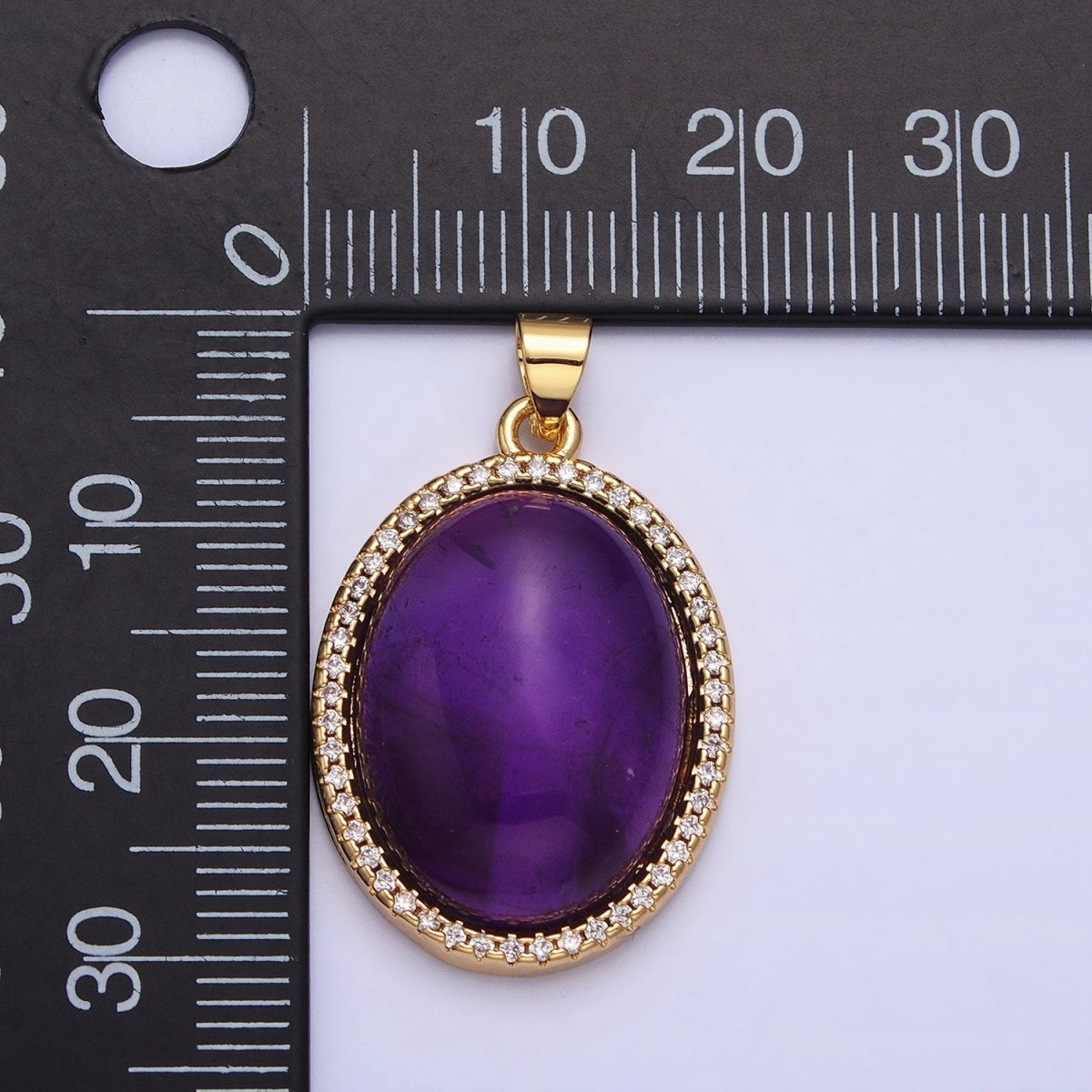 24K Gold Filled 31mm Purple Amethyst Natural Gemstone Oval Cabochon Micro Paved CZ Pendant | AA330 - DLUXCA