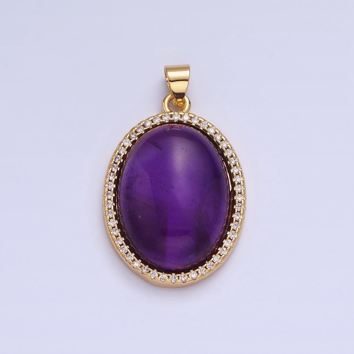 24K Gold Filled 31mm Purple Amethyst Natural Gemstone Oval Cabochon Micro Paved CZ Pendant | AA330 - DLUXCA