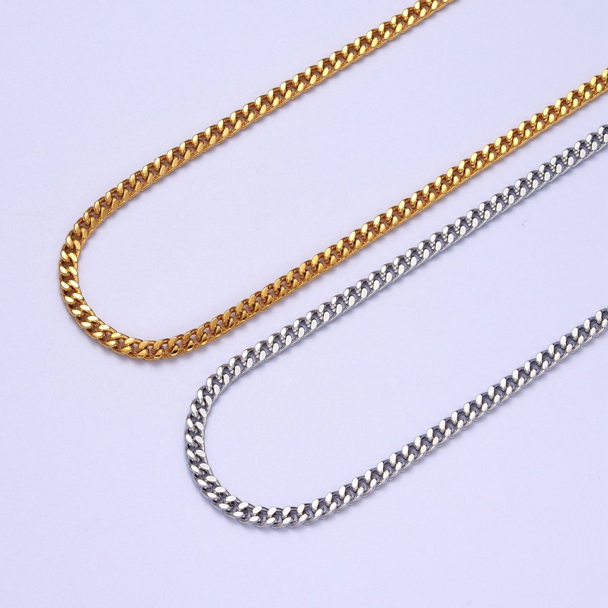 24K Gold Filled 3.2mm Mini Cuban Flat Curb Unfinished Bulk Chain in Gold & Silver | ROLL-976, ROLL-977 Clearance Pricing - DLUXCA