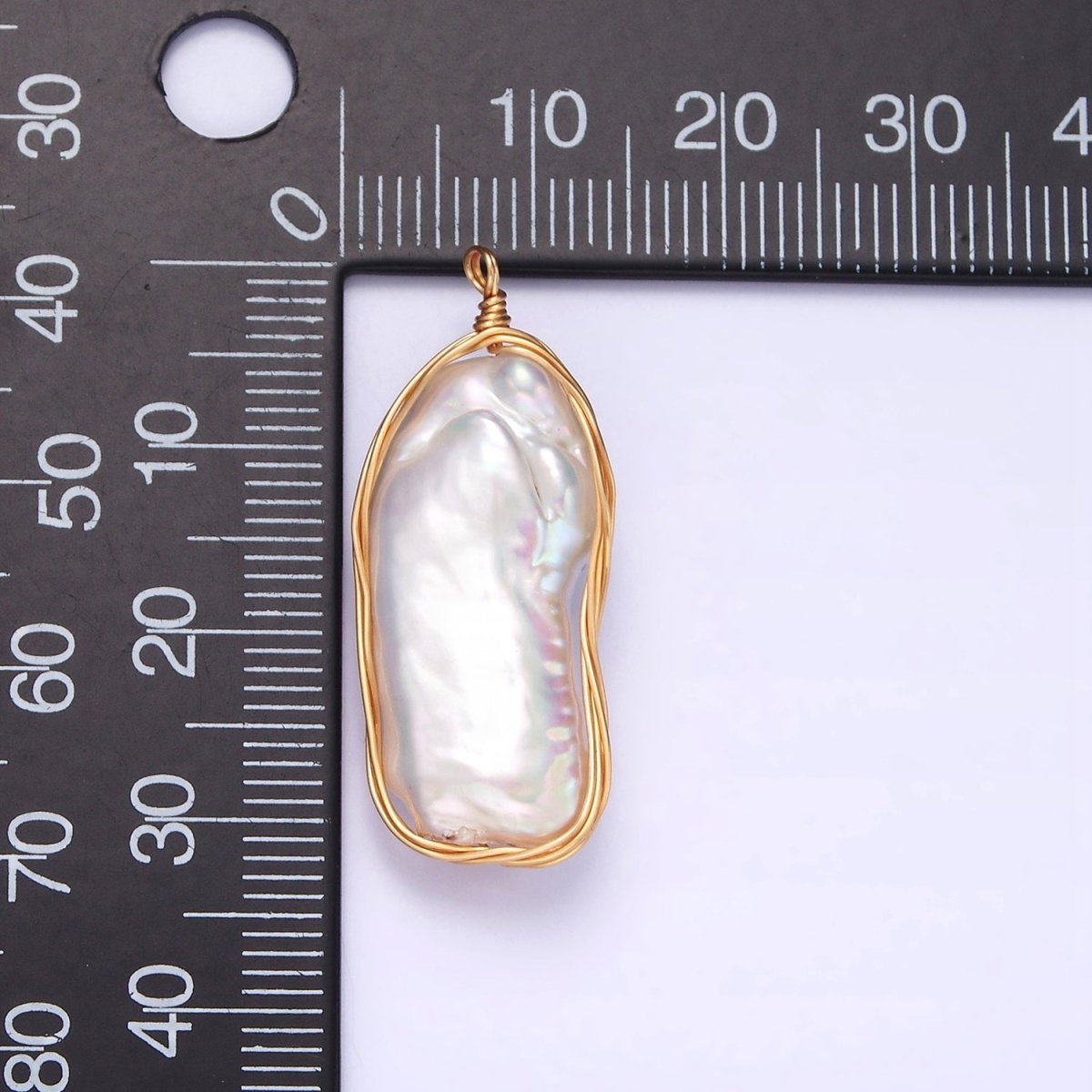 24K Gold Filled 32mm White Baroque Freshwater Pearl Multiple Wire Wrapped Charm | N1042 - DLUXCA