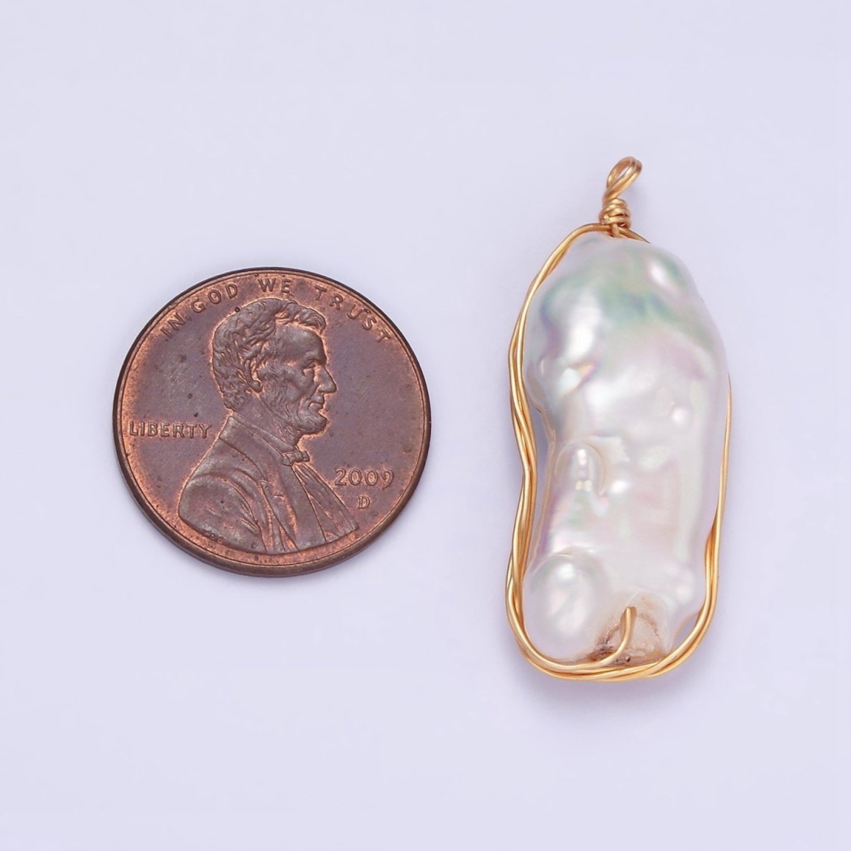 24K Gold Filled 32mm White Baroque Freshwater Pearl Multiple Wire Wrapped Charm | N1042 - DLUXCA