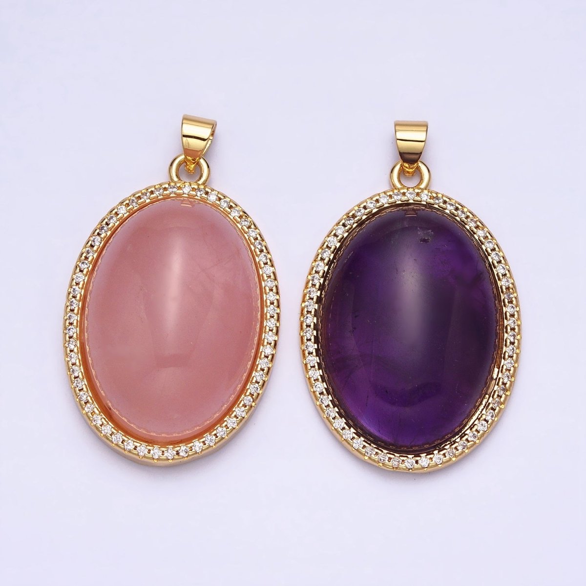 24K Gold Filled 35mm Rose Quartz, Amethyst Natural Gemstone Cabochon Oval Micro Paved CZ Pendant | AA290 AA291 - DLUXCA