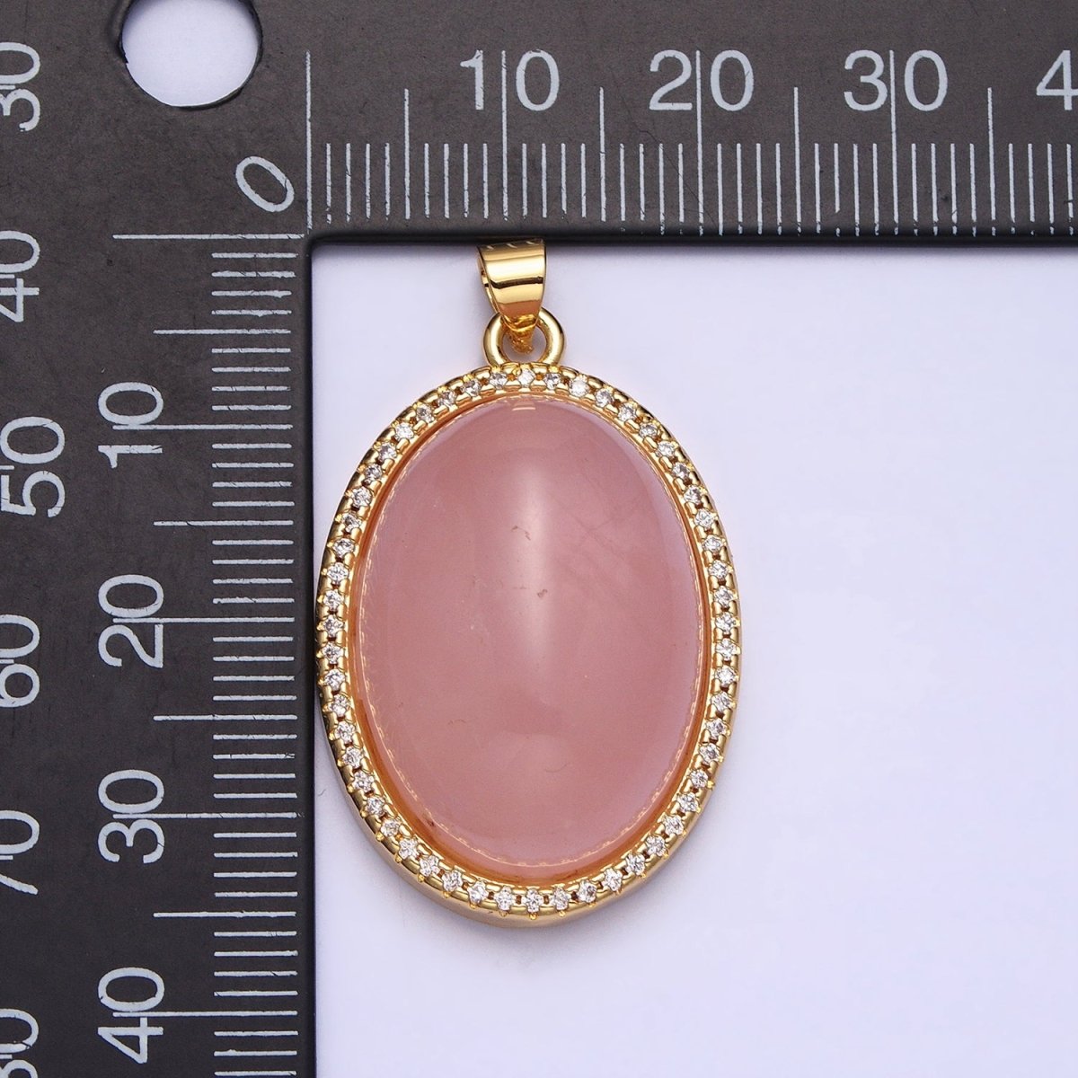 24K Gold Filled 35mm Rose Quartz, Amethyst Natural Gemstone Cabochon Oval Micro Paved CZ Pendant | AA290 AA291 - DLUXCA