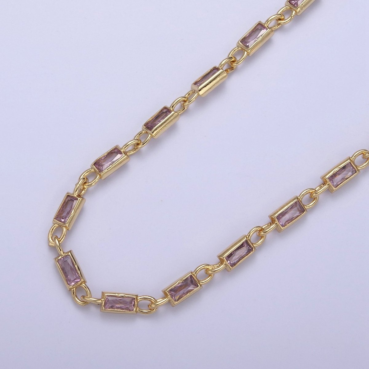 24K Gold Filled 3.6mm Baguette Cubic Zirconia Station Necklace Bulk Unfinished Chain | ROLL-757, ROLL-778, ROLL-779, ROLL-860, ROLL-861 Clearance Pricing - DLUXCA