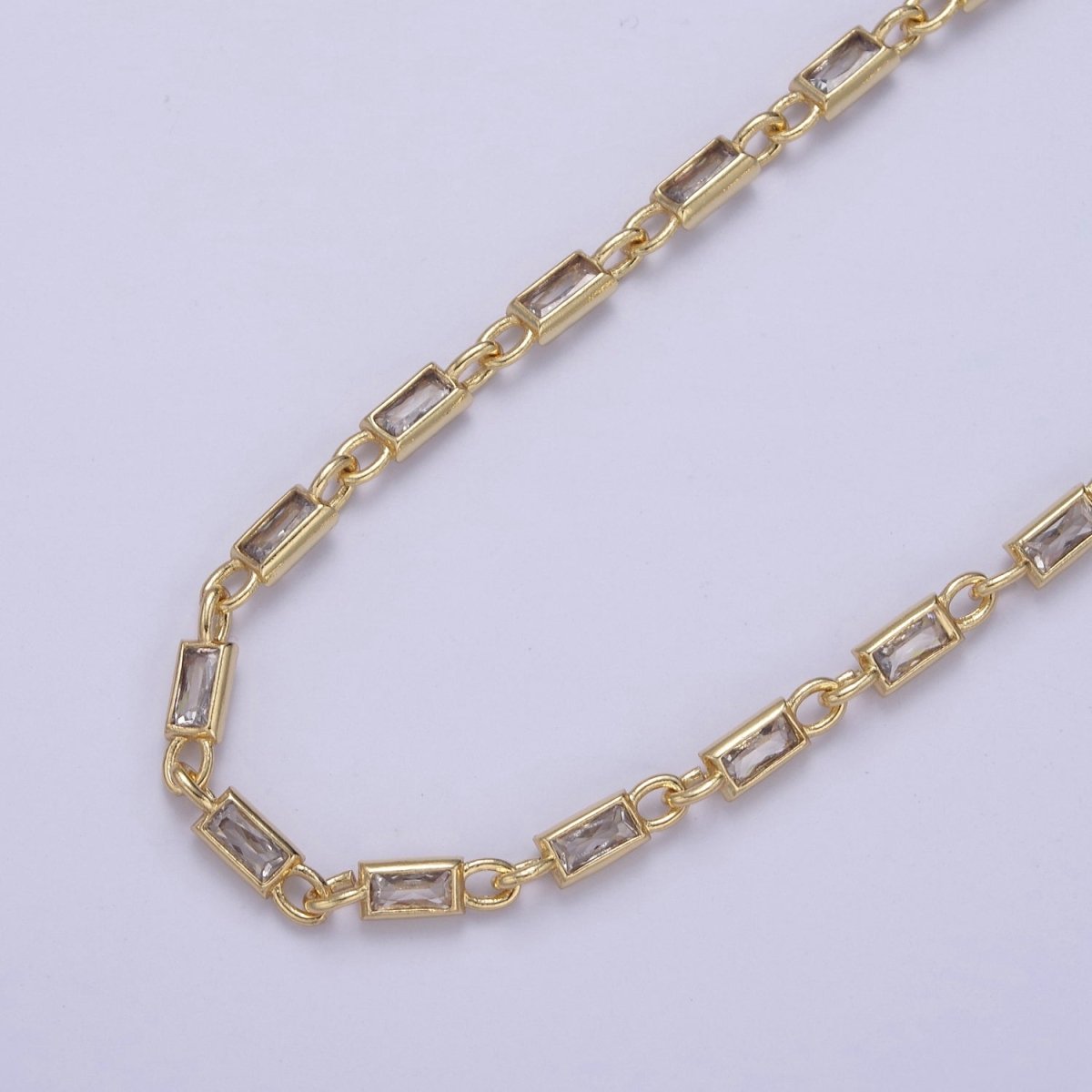 24K Gold Filled 3.6mm Baguette Cubic Zirconia Station Necklace Bulk Unfinished Chain | ROLL-757, ROLL-778, ROLL-779, ROLL-860, ROLL-861 Clearance Pricing - DLUXCA