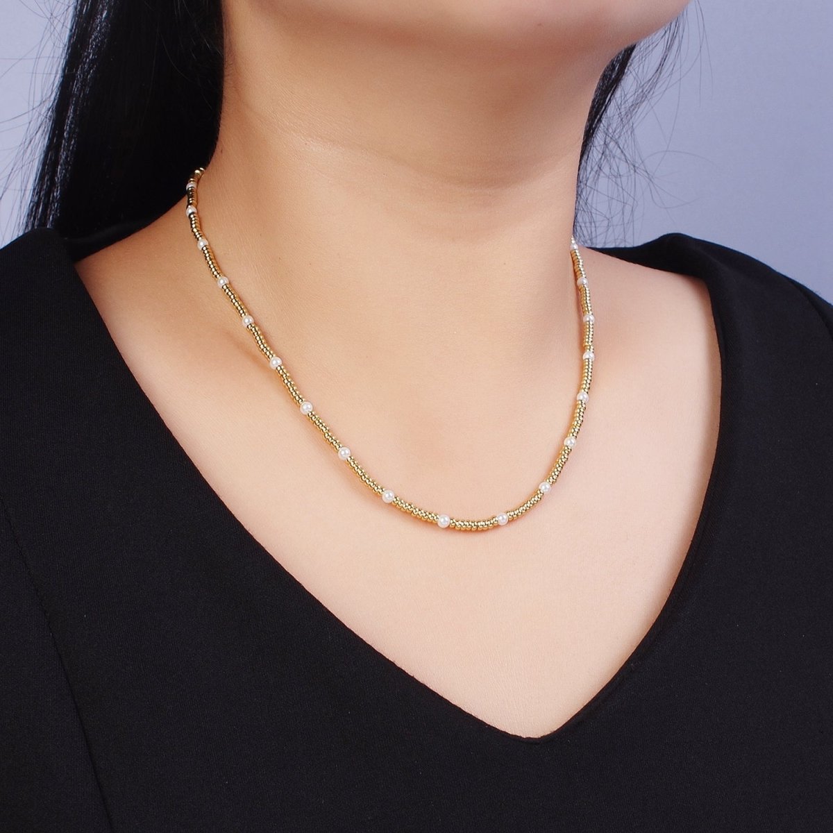 24K Gold Filled 3mm Spacer Bead Shell Pearl 16 Inch Choker Necklace | WA-1281 Clearance Pricing - DLUXCA