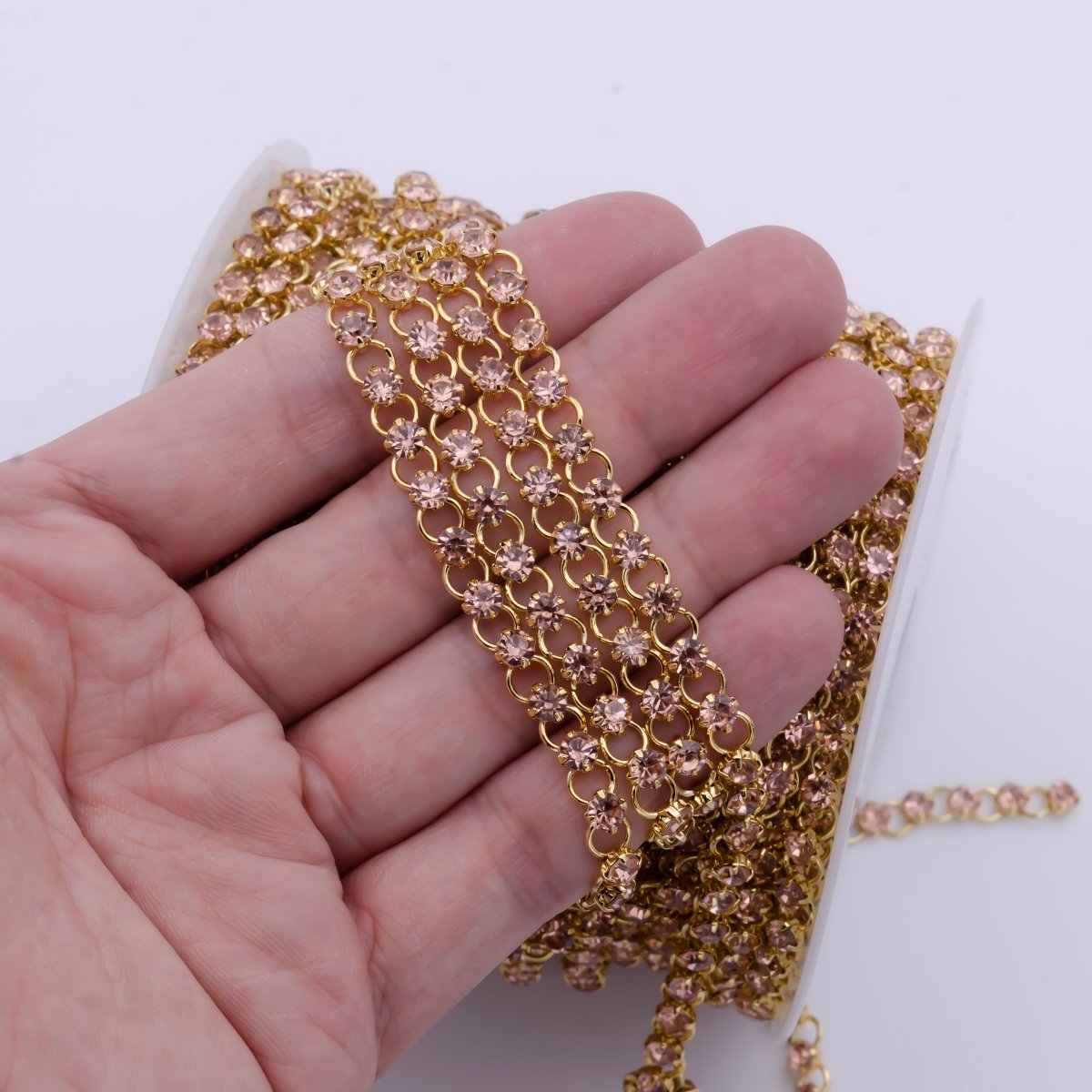 24K Gold Filled 5.2mm Designed Rolo Pink Cubic Zirconia Unfinished Chain For Jewelry Necklace Making | ROLL-864 Clearance Pricing - DLUXCA