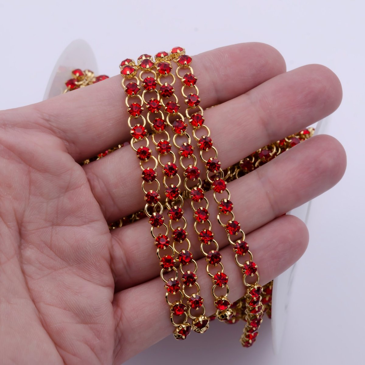 24K Gold Filled 5.2mm Designed Rolo Ruby Red Cubic Zirconia Unfinished Chain For Jewelry Necklace Making | ROLL-866 Clearance Pricing - DLUXCA