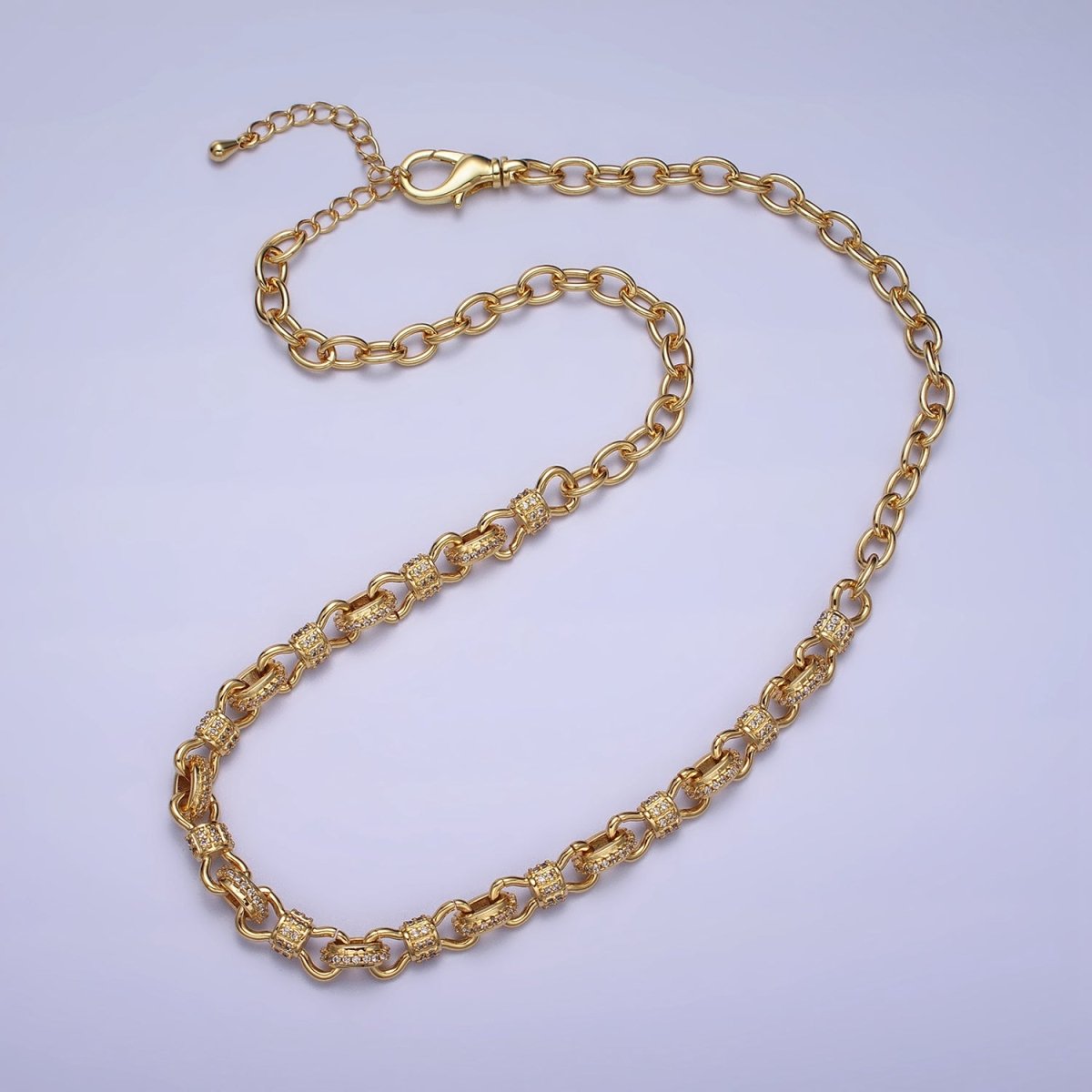 24K Gold Filled 6.5mm Half Micro Paved CZ Figure Eight Bow Cable Link 17 Inch Chain Necklace | WA-1676 WA-1677 Clearance Pricing - DLUXCA