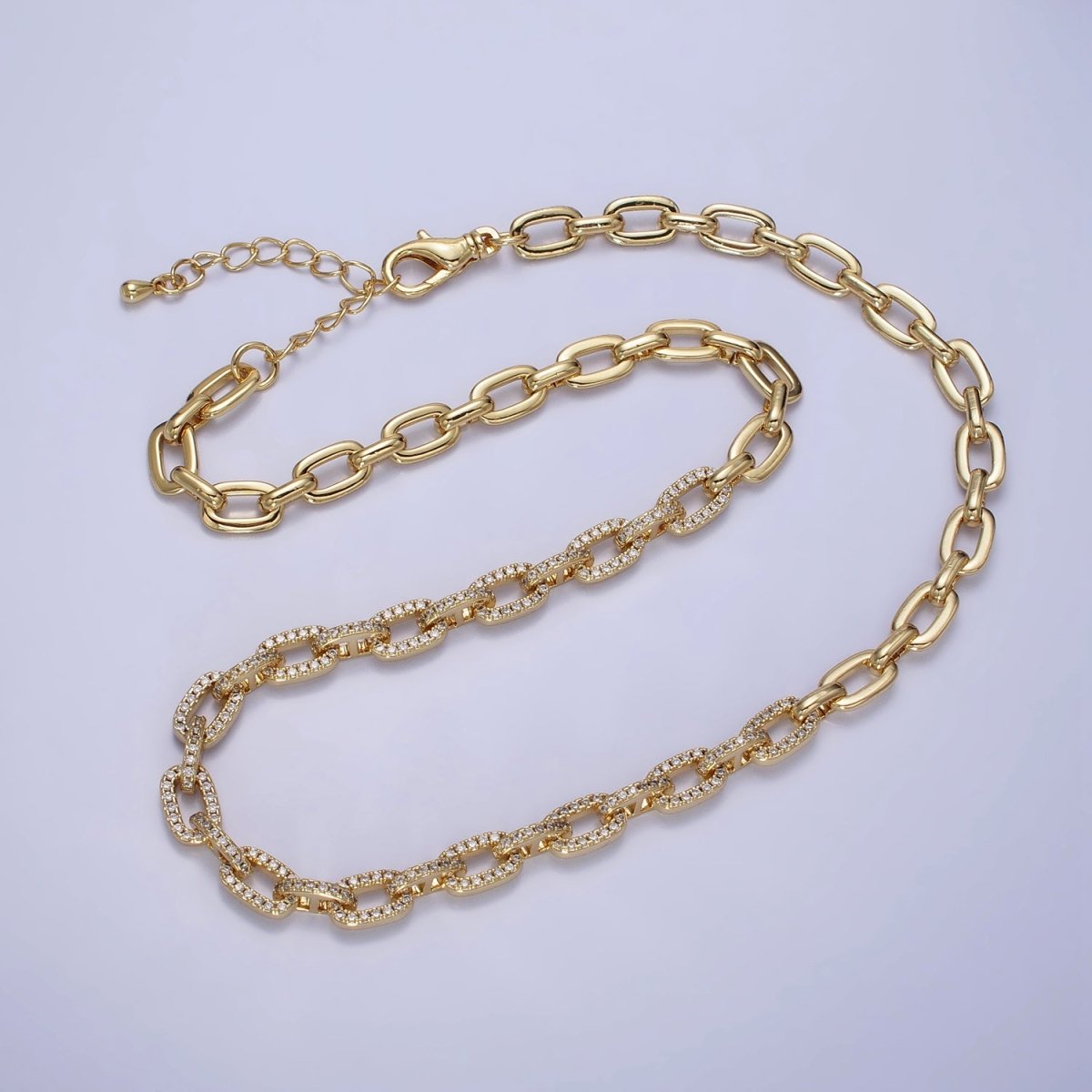 24K Gold Filled 6.5mm Half Micro Paved CZ Paperclip 17 Inch Chain Necklace in Gold & Silver | WA-1674 WA-1675 Clearance Pricing - DLUXCA