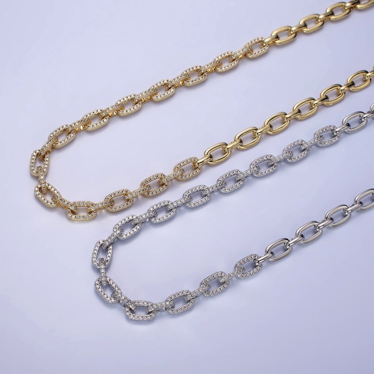 24K Gold Filled 6.5mm Half Micro Paved CZ Paperclip 17 Inch Chain Necklace in Gold & Silver | WA-1674 WA-1675 Clearance Pricing - DLUXCA